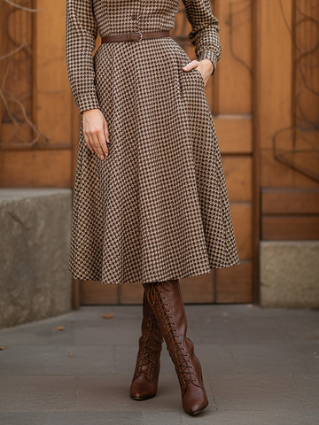 Midi Wool Dress, Long Sleeves, Stand Collar, Houndstooth, Button Design, Vintage, Brown