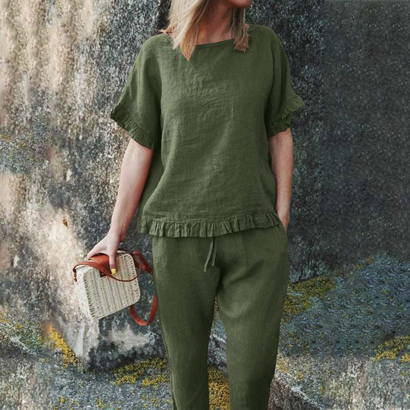 Plus Size Cotton and linen short sleeve top + trousers loose fitting suit