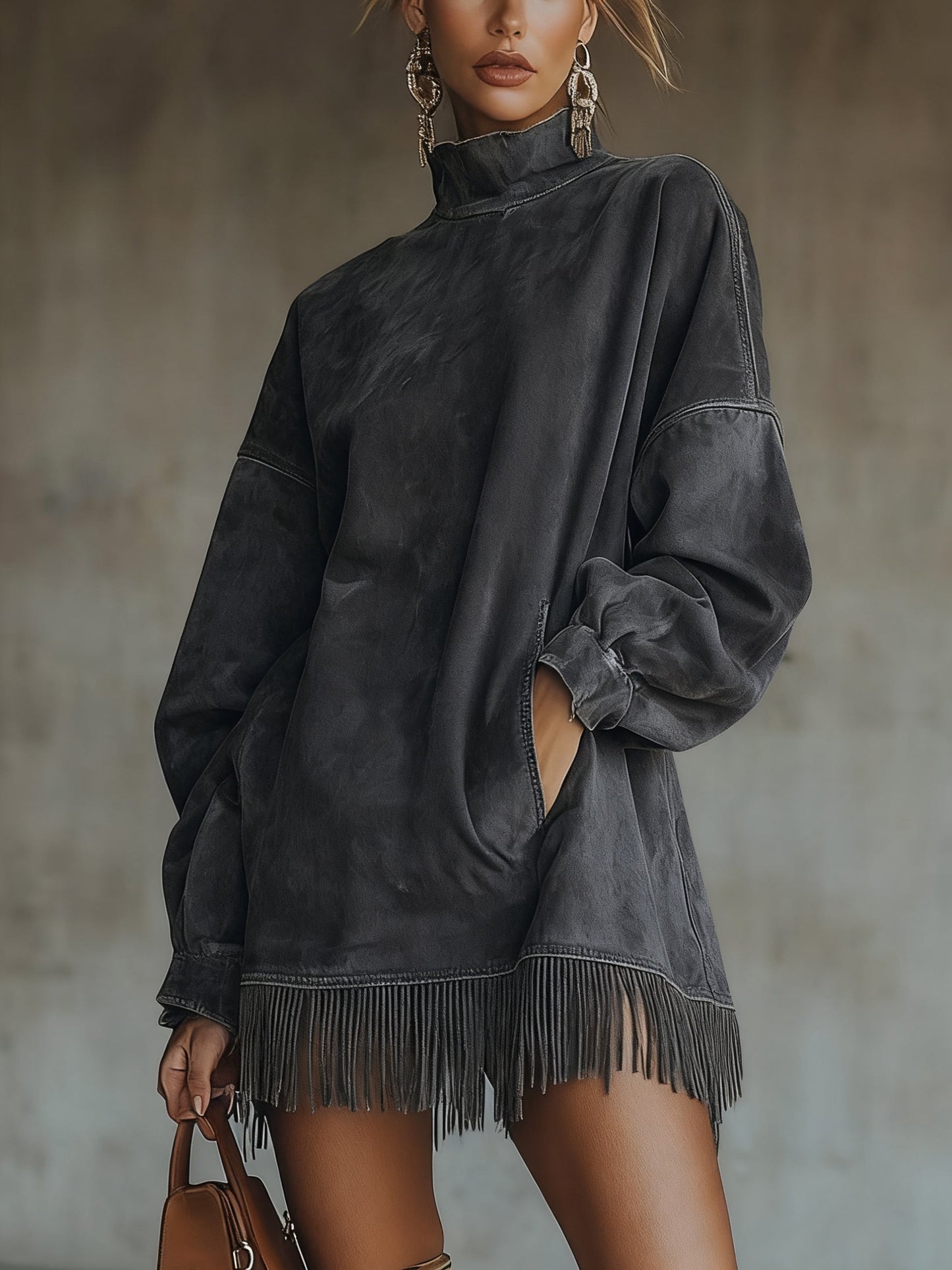 Olive Faux Suede Turtleneck Dress With Fringe Hem