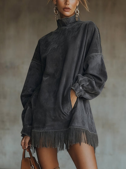Olive Faux Suede Turtleneck Dress With Fringe Hem
