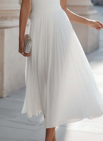 Commanding Elegance Sleeveless Draped Neck Pleated Midi Dress for Work & Evening