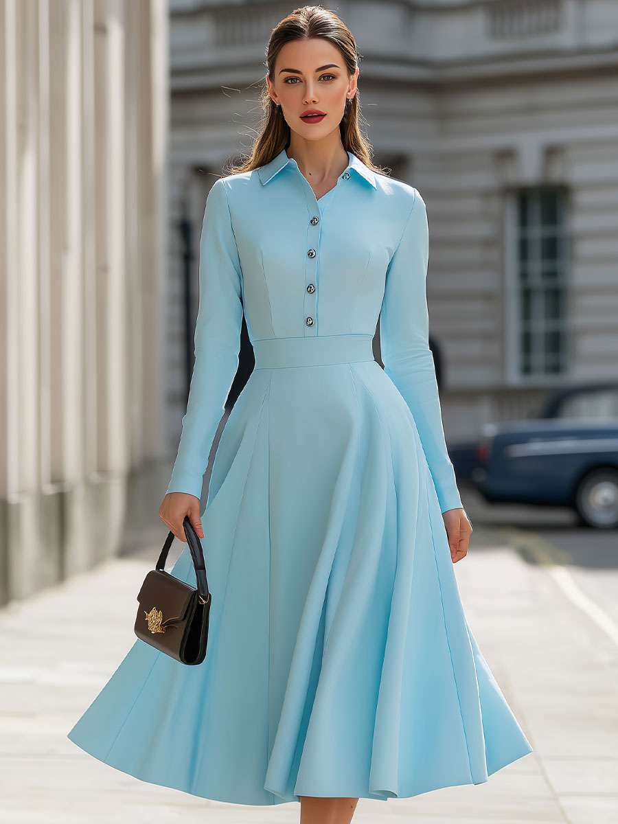 Sky Blue Shirt Collar Fit-and-Flare Dress