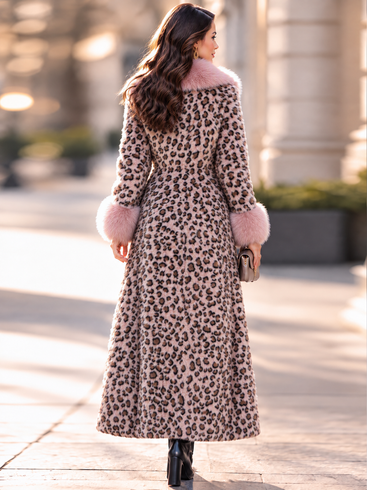 Elegant Pink Leopard Print Faux Fur Long Coat With Fluffy Collar And Cuffs