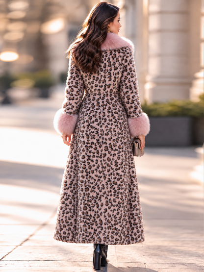 Elegant Pink Leopard Print Faux Fur Long Coat With Fluffy Collar And Cuffs