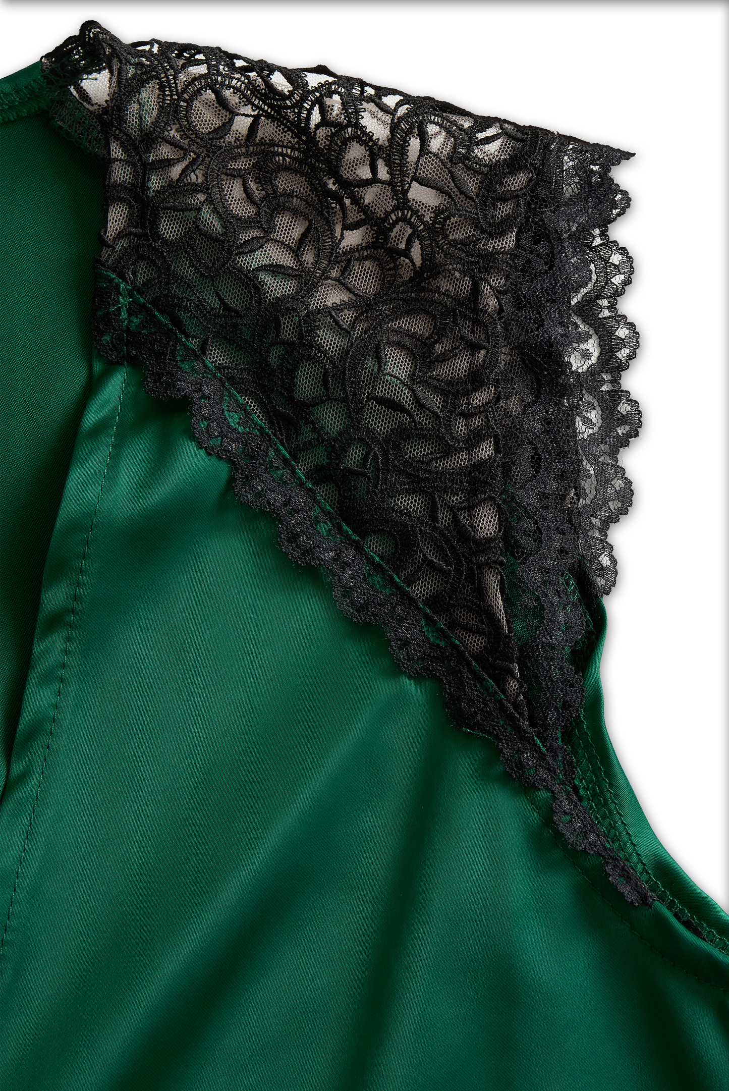 Deep V-Neck Satin Blouse with Lace Details - Emerald Allure
