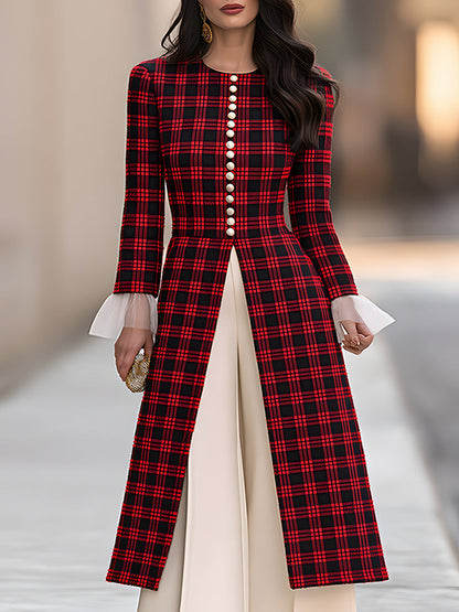 Elegant Red And Black Plaid Pearl Button Long Sleeve A-Line Midi Coat