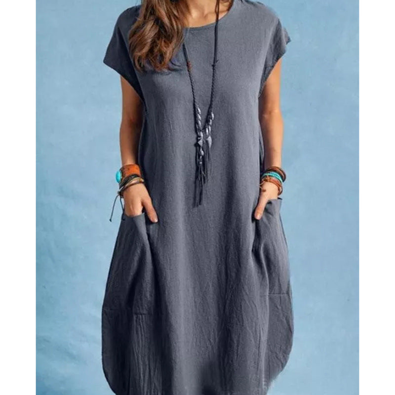 Cotton Solid Color Pocket Midi Dress