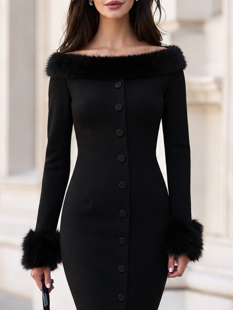 Black Boat Neck Faux Fur Trim Midi Pencil Dress With Front Slit