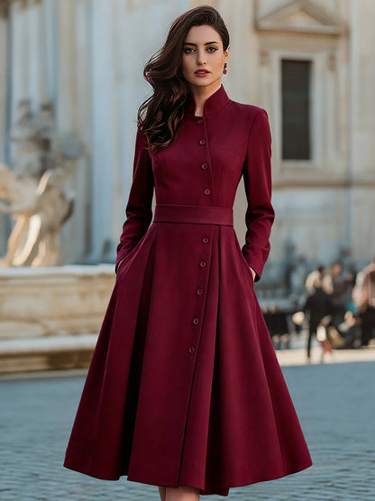 Elegant Band Collar Button-Down Midi Dress With Belt