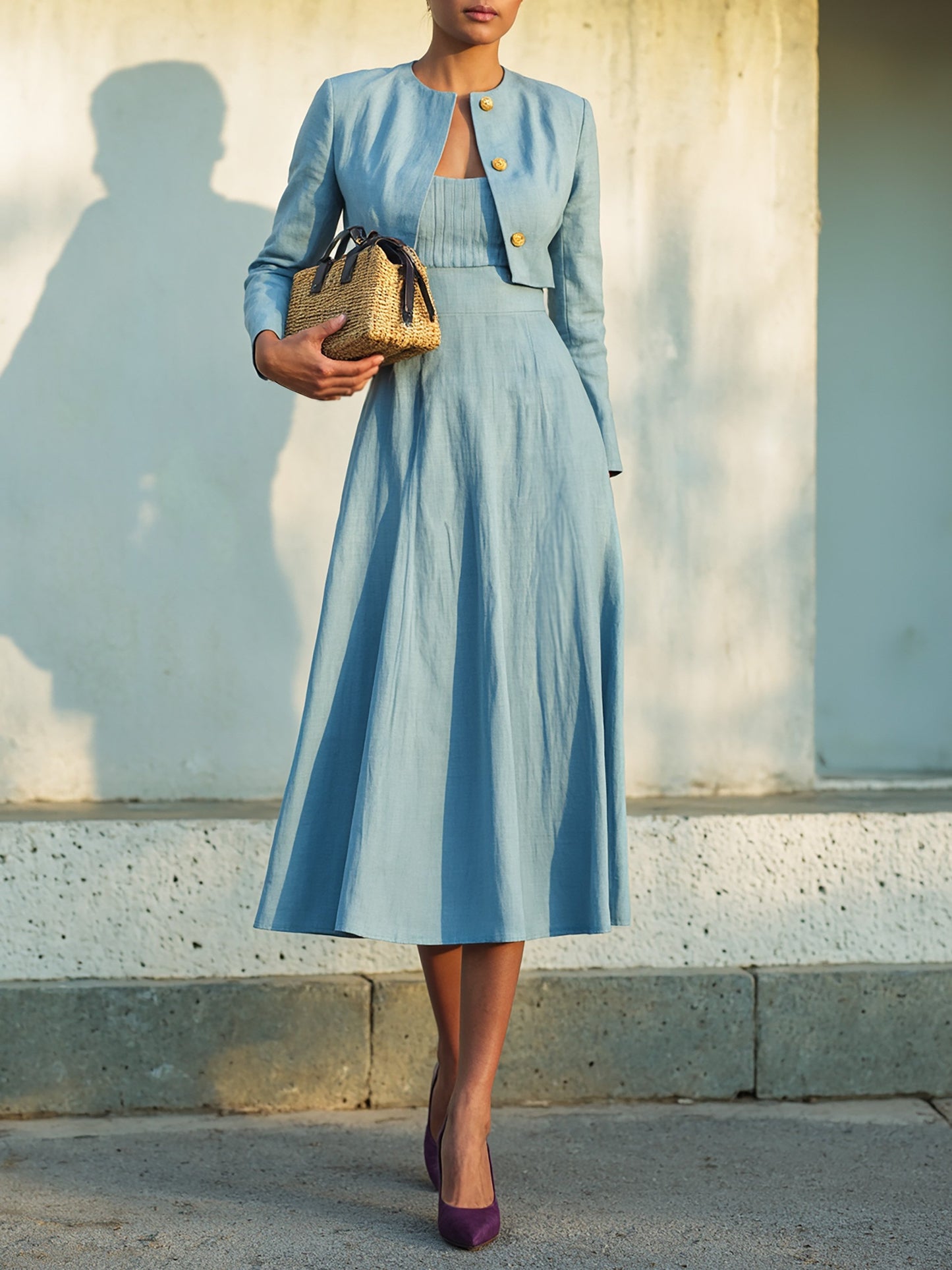 Midi Cotton Dress Set, Long Sleeves, Round Neck, Plain, Button Design, French Vintage, Blue