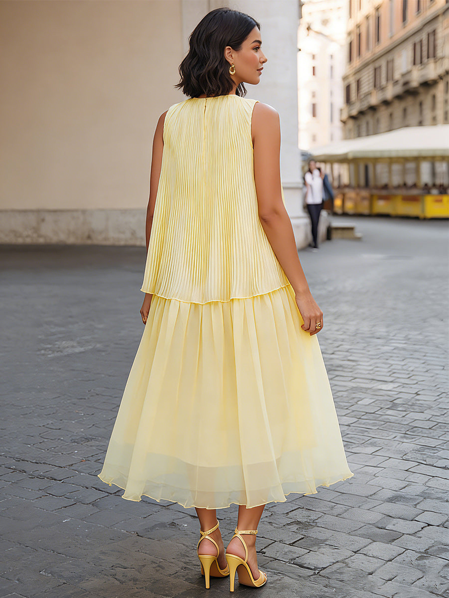 Luminous Grace: Pleated Tiered Sleeveless Midi Dress