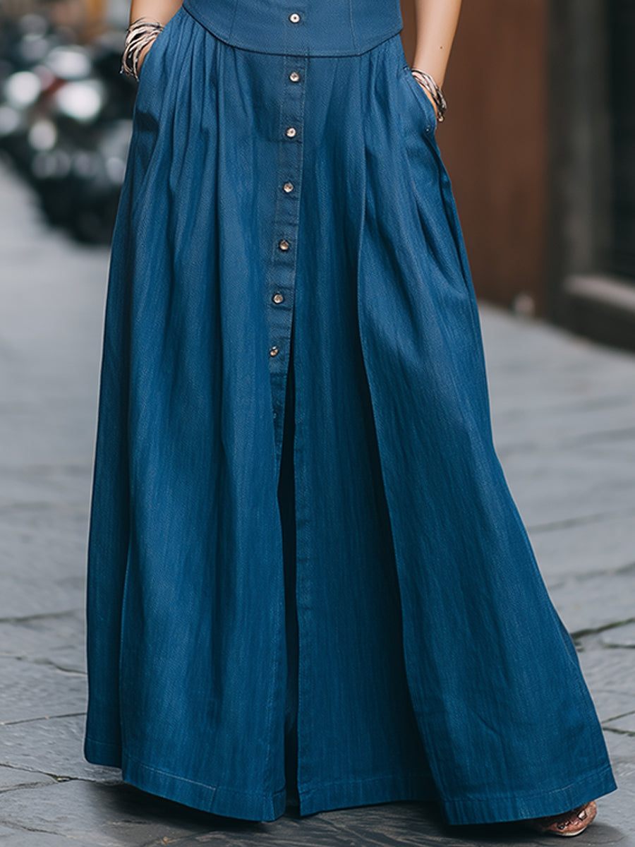 Sleeveless Faux Denim Button-Front Maxi Dress With Tailored Bodice