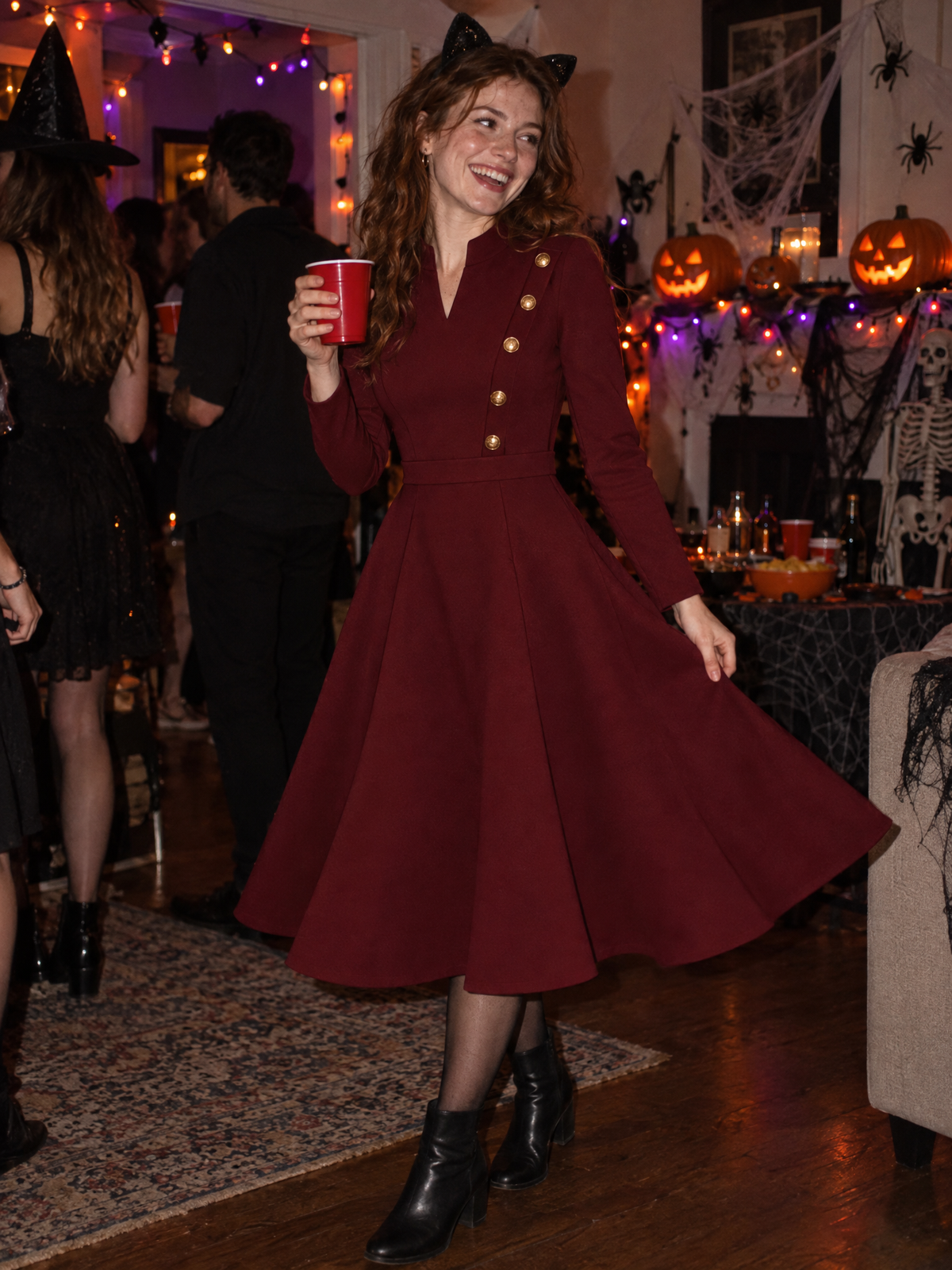 Stand Collar V-Notch Gold Button Decor Fit And Flare Midi Dress