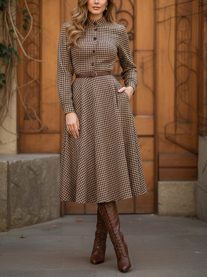 Midi Wool Dress, Long Sleeves, Stand Collar, Houndstooth, Button Design, Vintage, Brown
