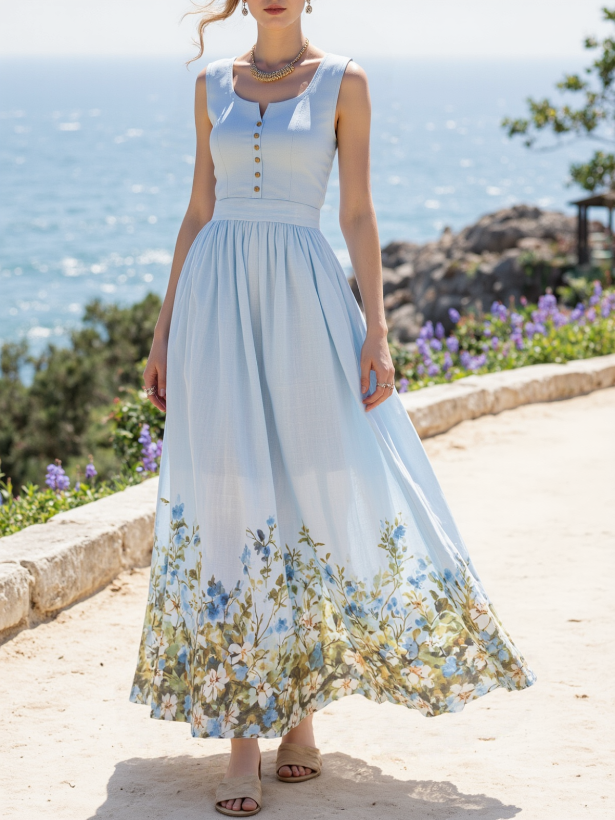 Maxi Linen Dress , Sleeveless, Round Neck, Floral, Button Design, French Vintage, Sky Blue