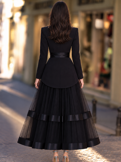 Blazer Bodice Gown With Bow Sash And Sheer Tiered Skirt