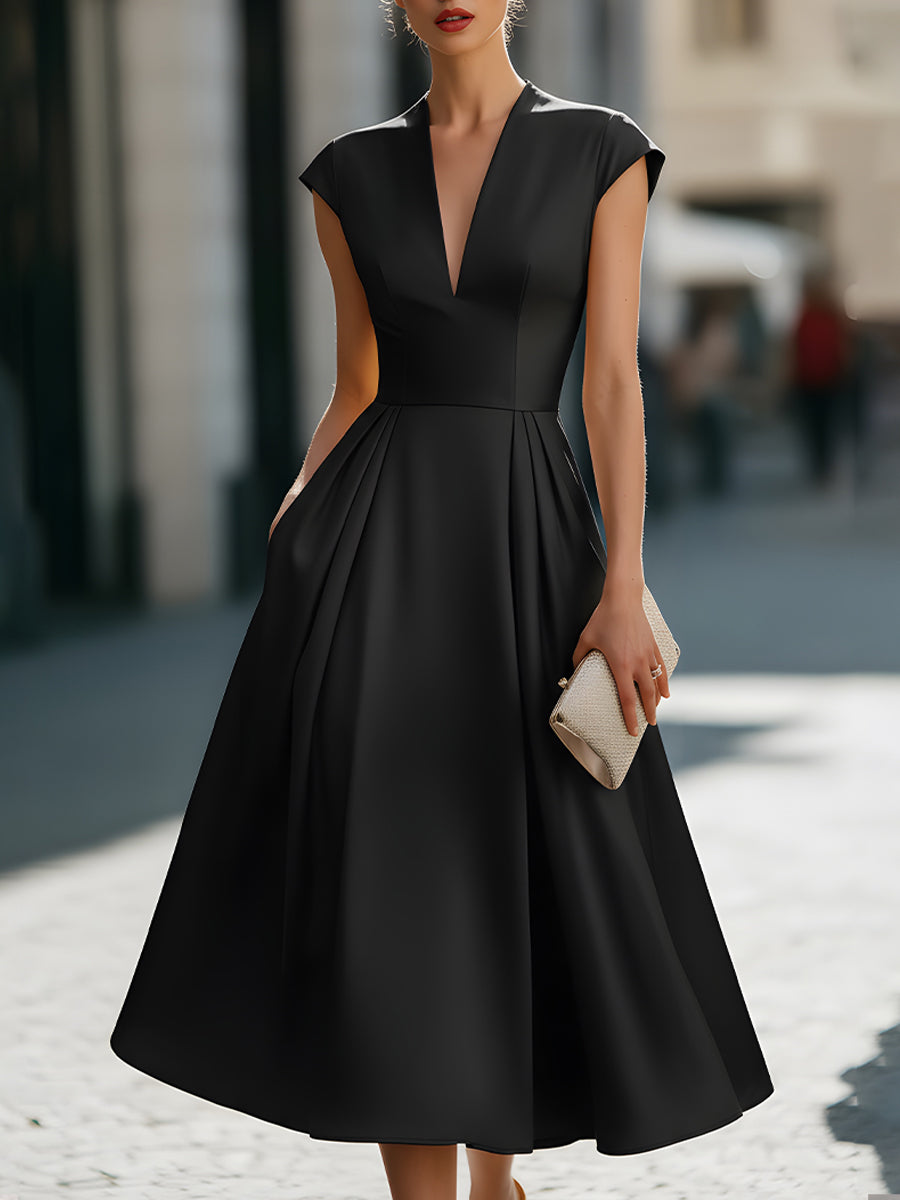 Cap-Sleeve Deep V-Neck Pleated Midi Dress