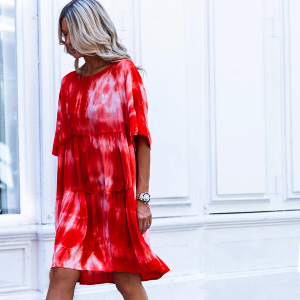 round Neck Shirt with Half Sleeve Tie-Dye Loose Dress