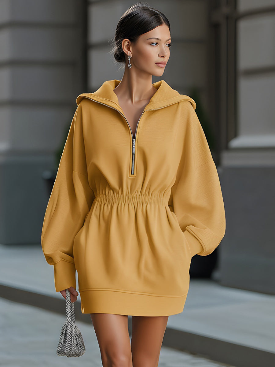Mustard Yellow Half-Zip Hooded Sweatshirt Dress