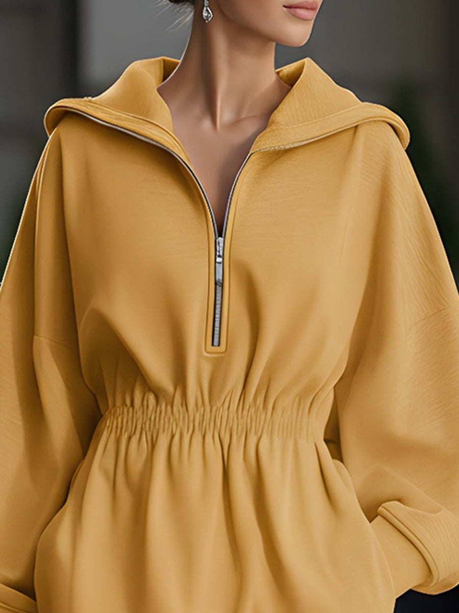 Mustard Yellow Half-Zip Hooded Sweatshirt Dress