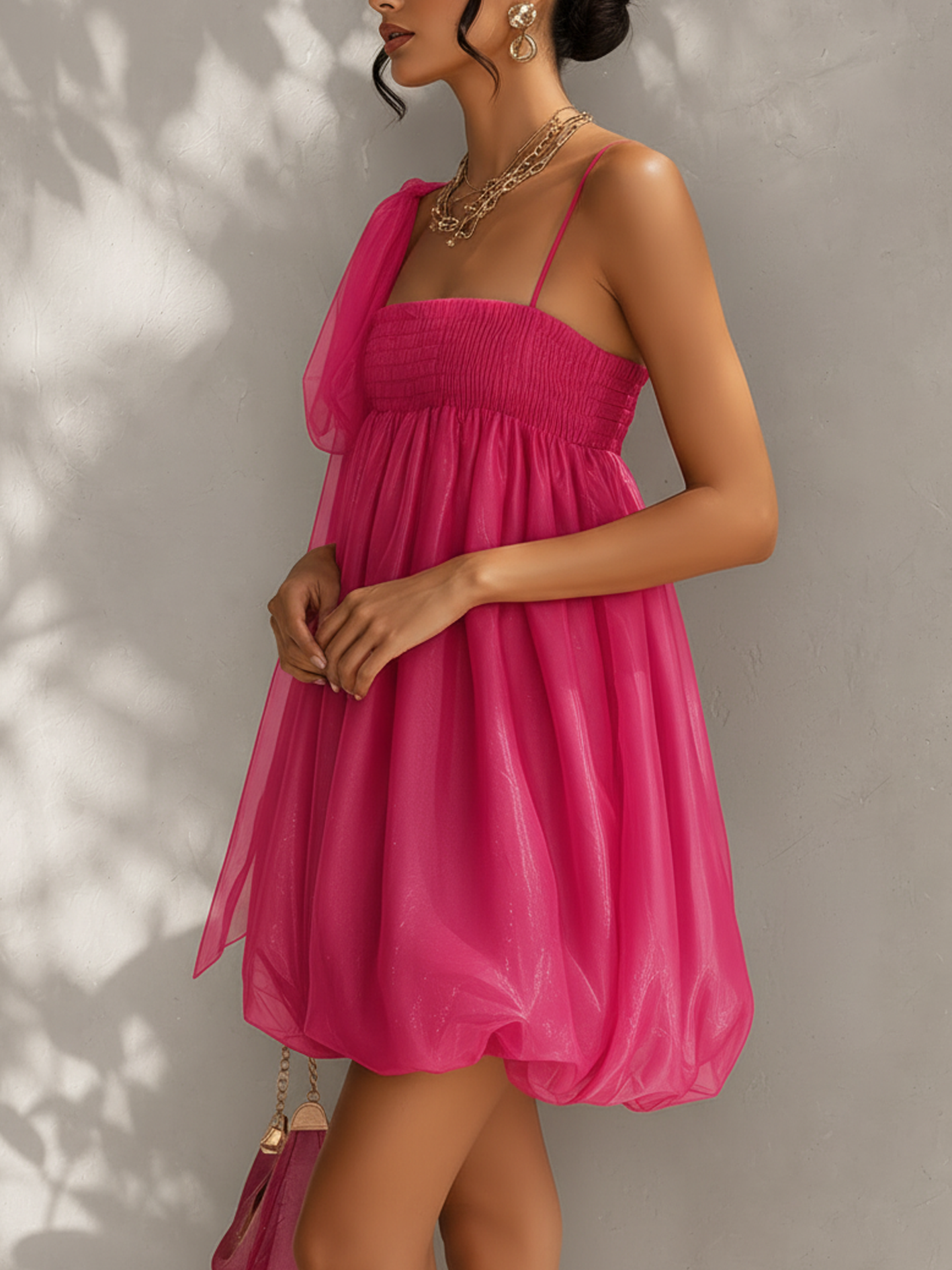 Shiny Hot Pink Chiffon Off-Shoulder Sleeveless Bubble Mini Dress