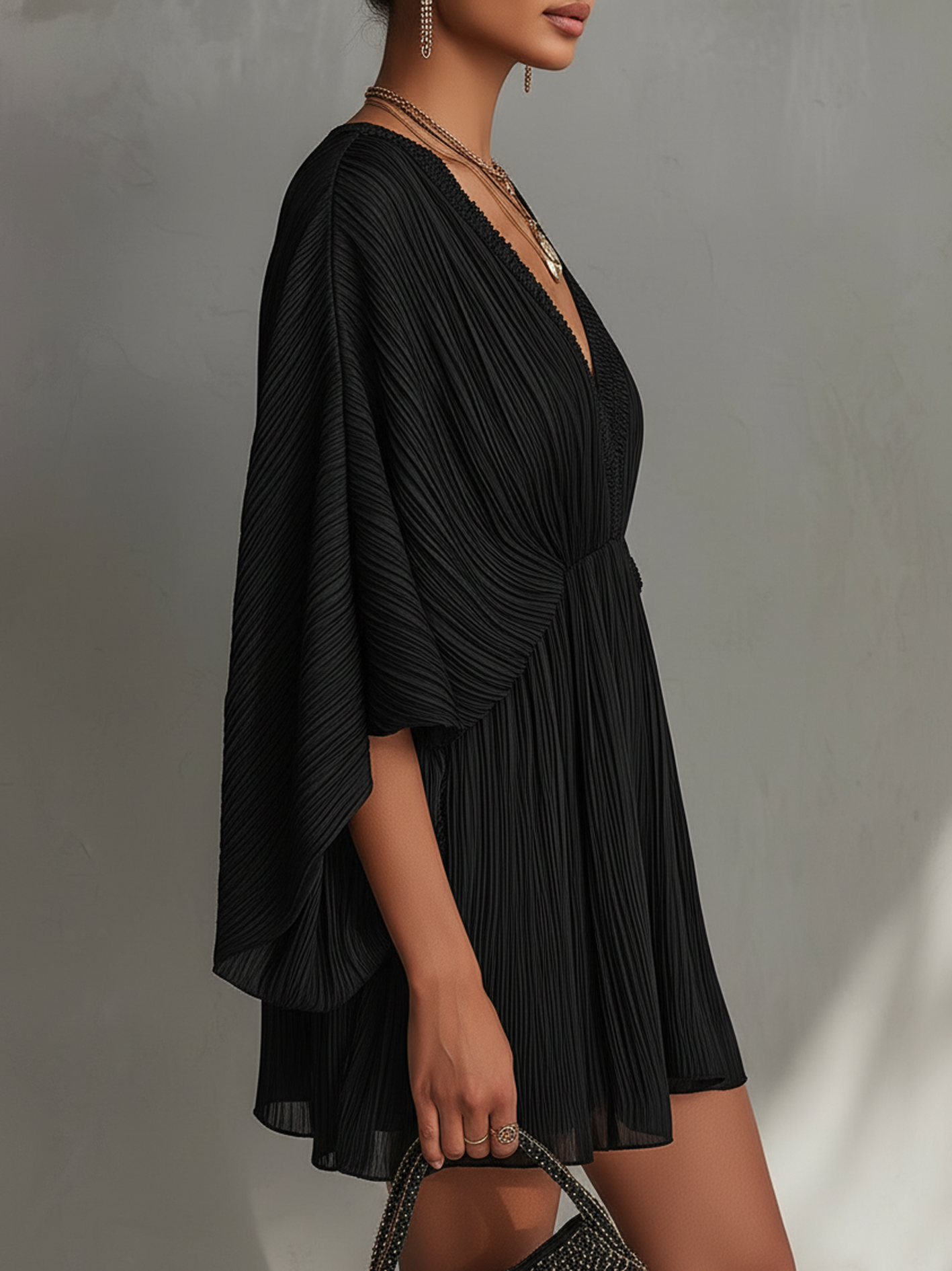 Black Textured Pleated V-Neck Mini Dress With Ribbon