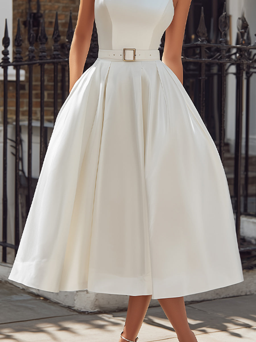 Ethereal Grace Halter-Neck Satin Midi Dress With Belted Waist