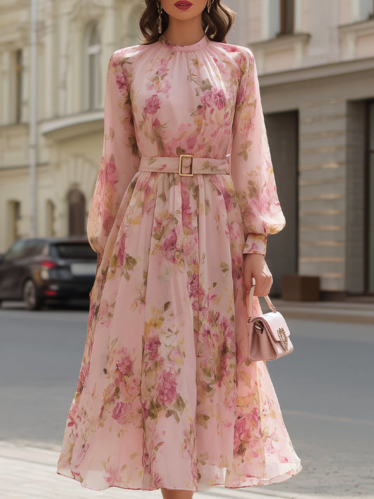 Romantic Blush Floral Chiffon Midi Dress