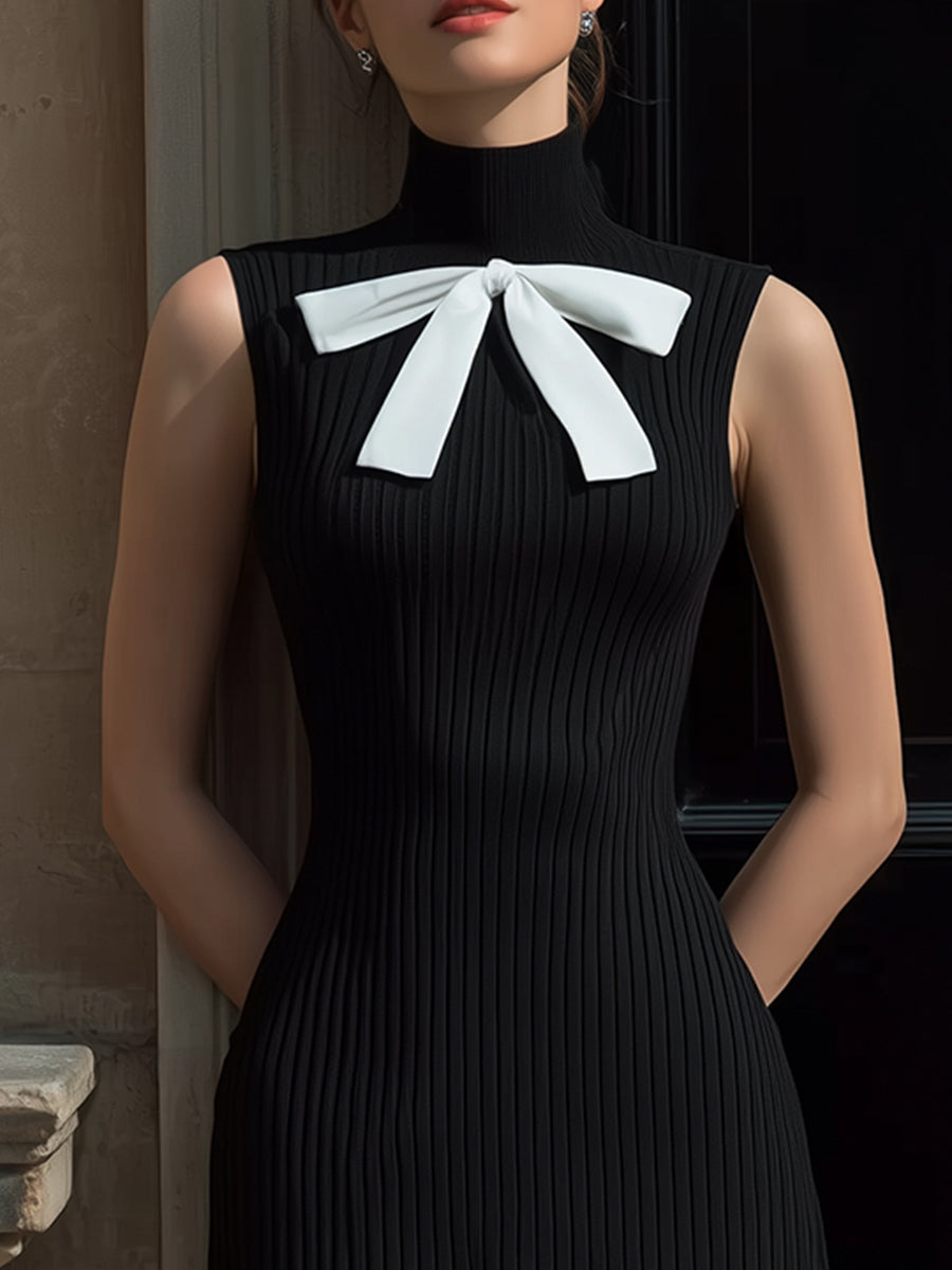 Elegant Monochrome Rib-Knit Mock-Neck Midi Dress With Bow Detail And Pleated Hem