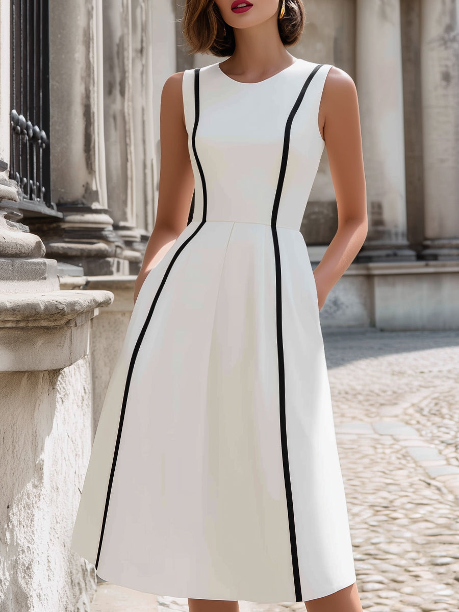 Contrast Panel Sleeveless A-Line Midi Dress