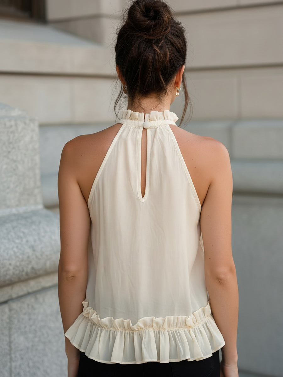 Cream Ruffled Halter Neck Chiffon Top With Ruffle Hem