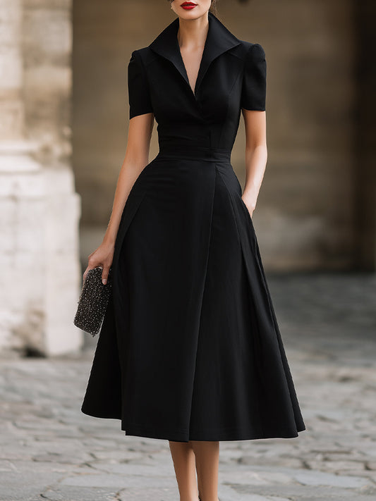 Short-Sleeve Notched Collar Midi Dress