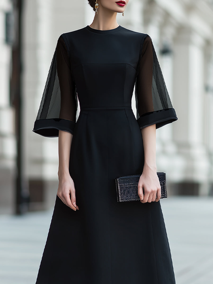 Sheer Sleeve Midi Dress With Structured Waist