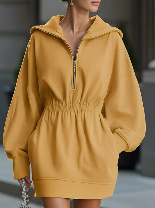 Mustard Yellow Half-Zip Hooded Sweatshirt Dress