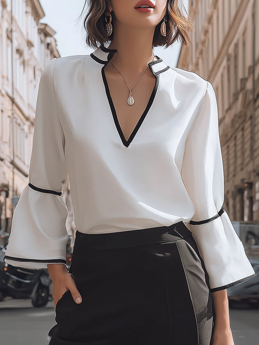Contrast-Trim V-Neck Elegant Blouse