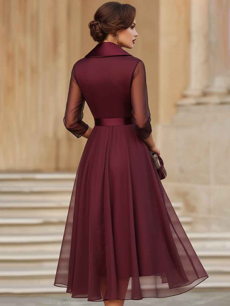 Burgundy Wrap Midi Dress for Wedding Guest – Sheer Sleeve Formal Dress
