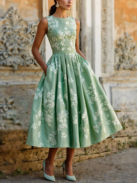 (SIZE:XS-XXL) Midi Linen Dress, Sleeveless, Linen Blend, Floral, Renaissance, Aqua