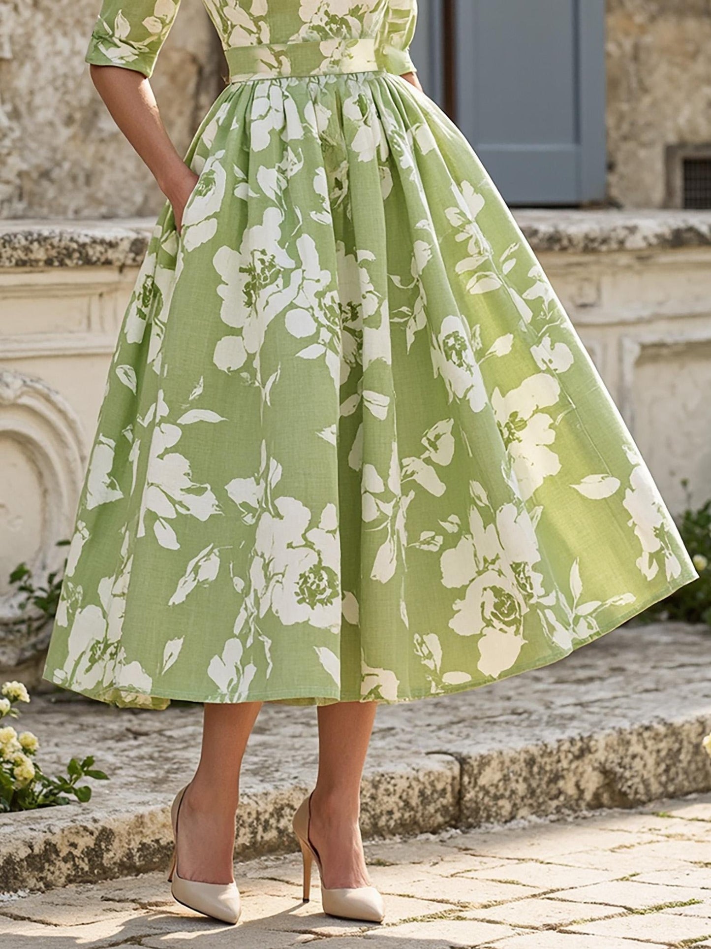 Midi Linen Dress , Half Sleeve, V Neck, Floral, Pocket Design, Vintage, Green