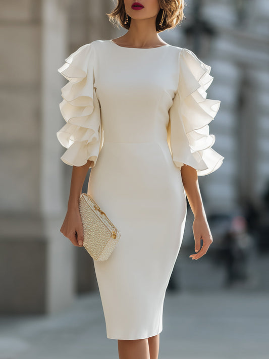 White Dress With Ruffled Sheer Sleeves