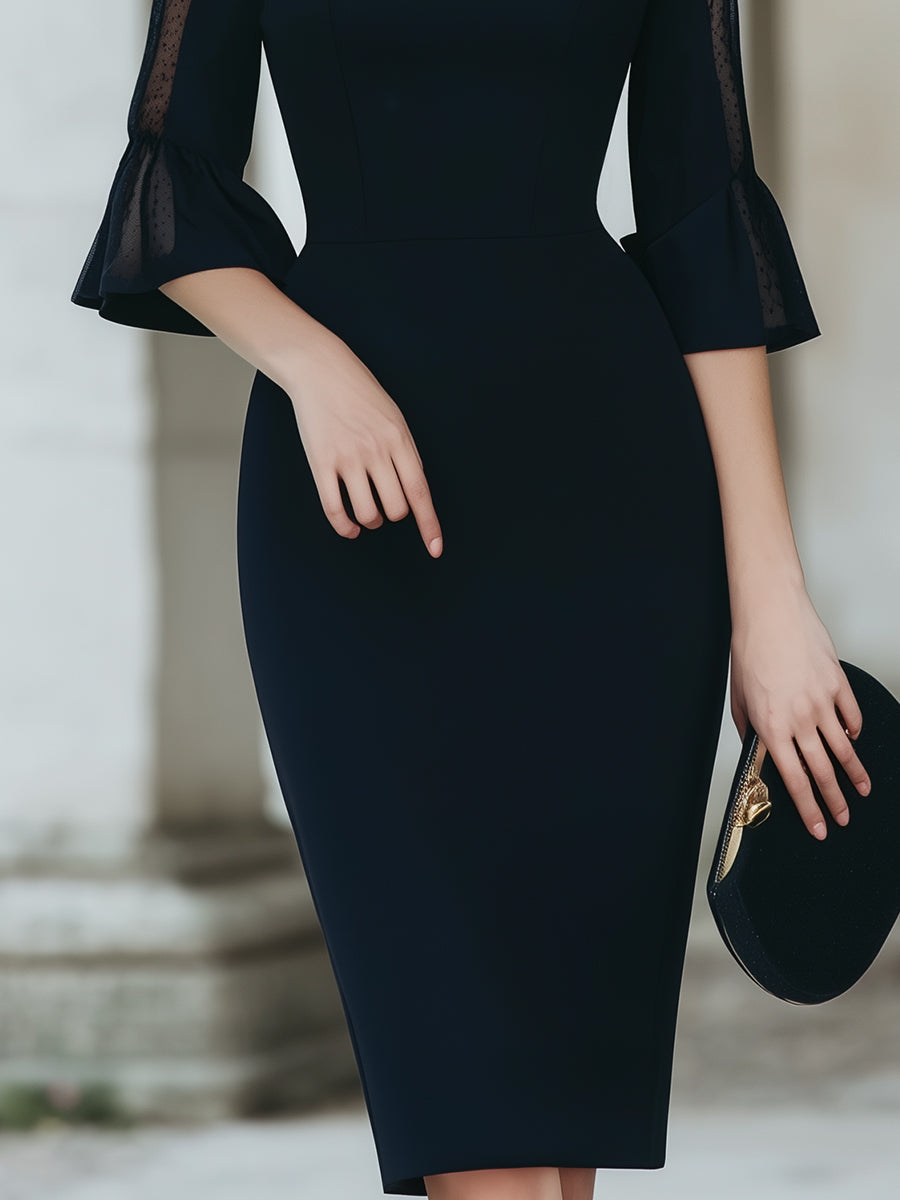 Sheer Sleeve Tailored Midi Dress