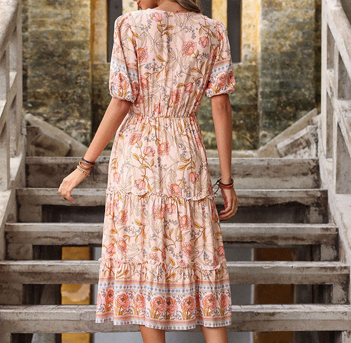 Pink Wooden Ear Printed V-neck Midi Boho Dress