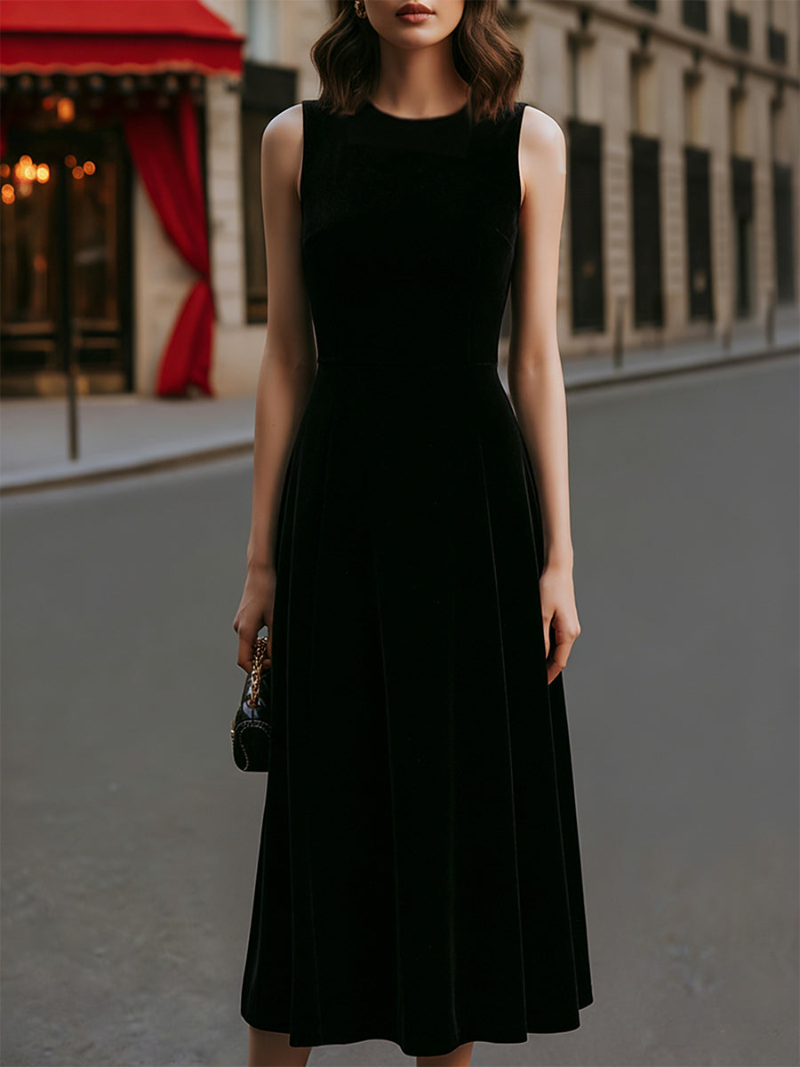 Black Velvet Square-Neck Midi Dress