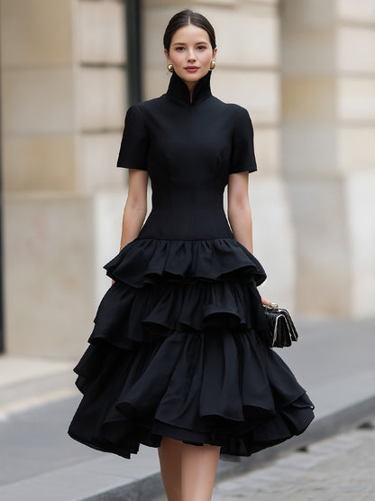 High Neck Tiered Ruffle Midi Dress