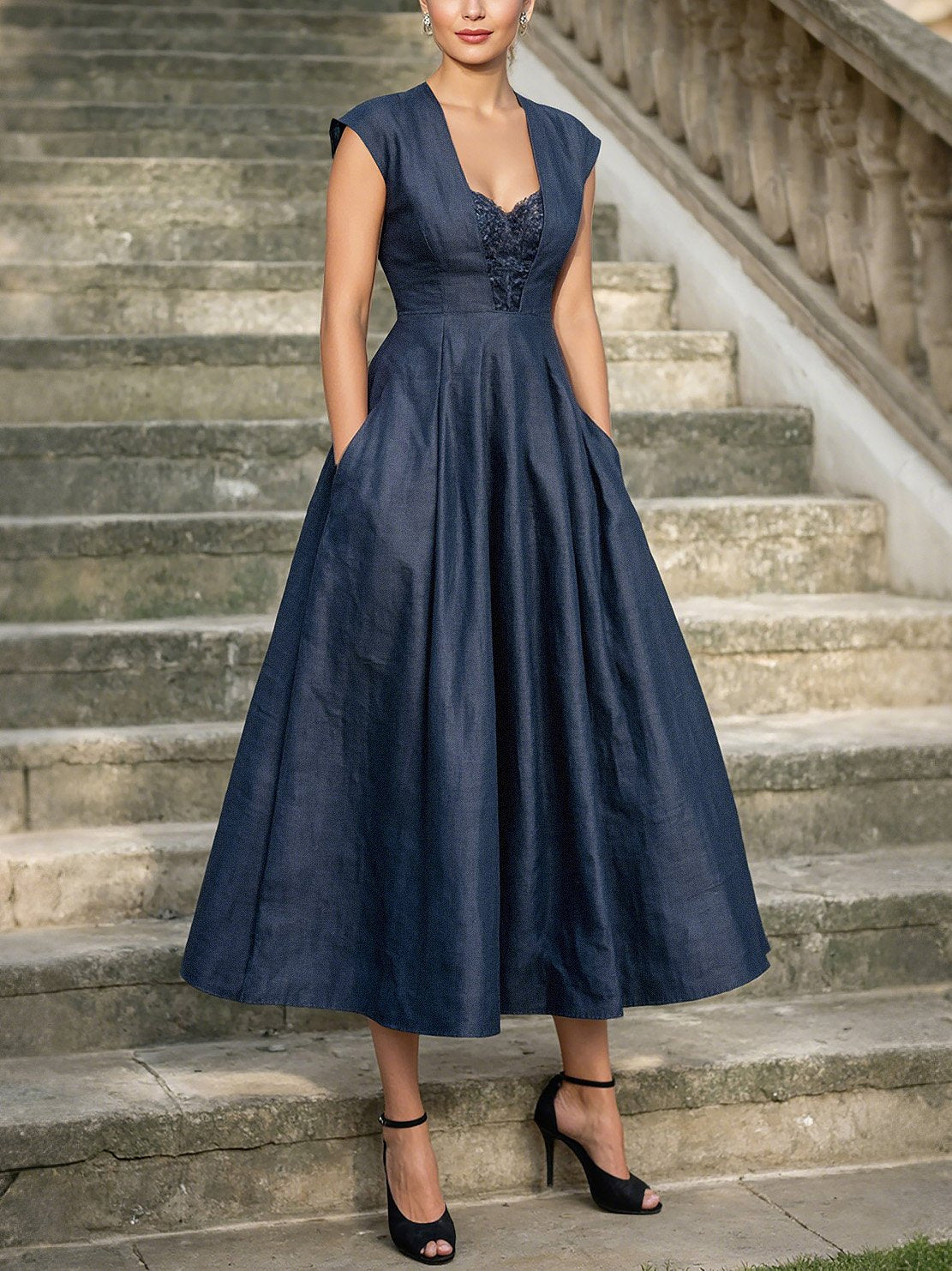 Maxi Linen Denim Dress, Short Sleeves, Sweetheart Neckline, Plain, Lace, Vintage, Blue