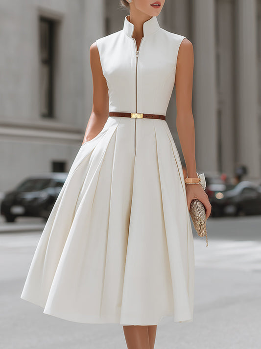 Sleeveless Zip-Front High-Neck Midi Dress
