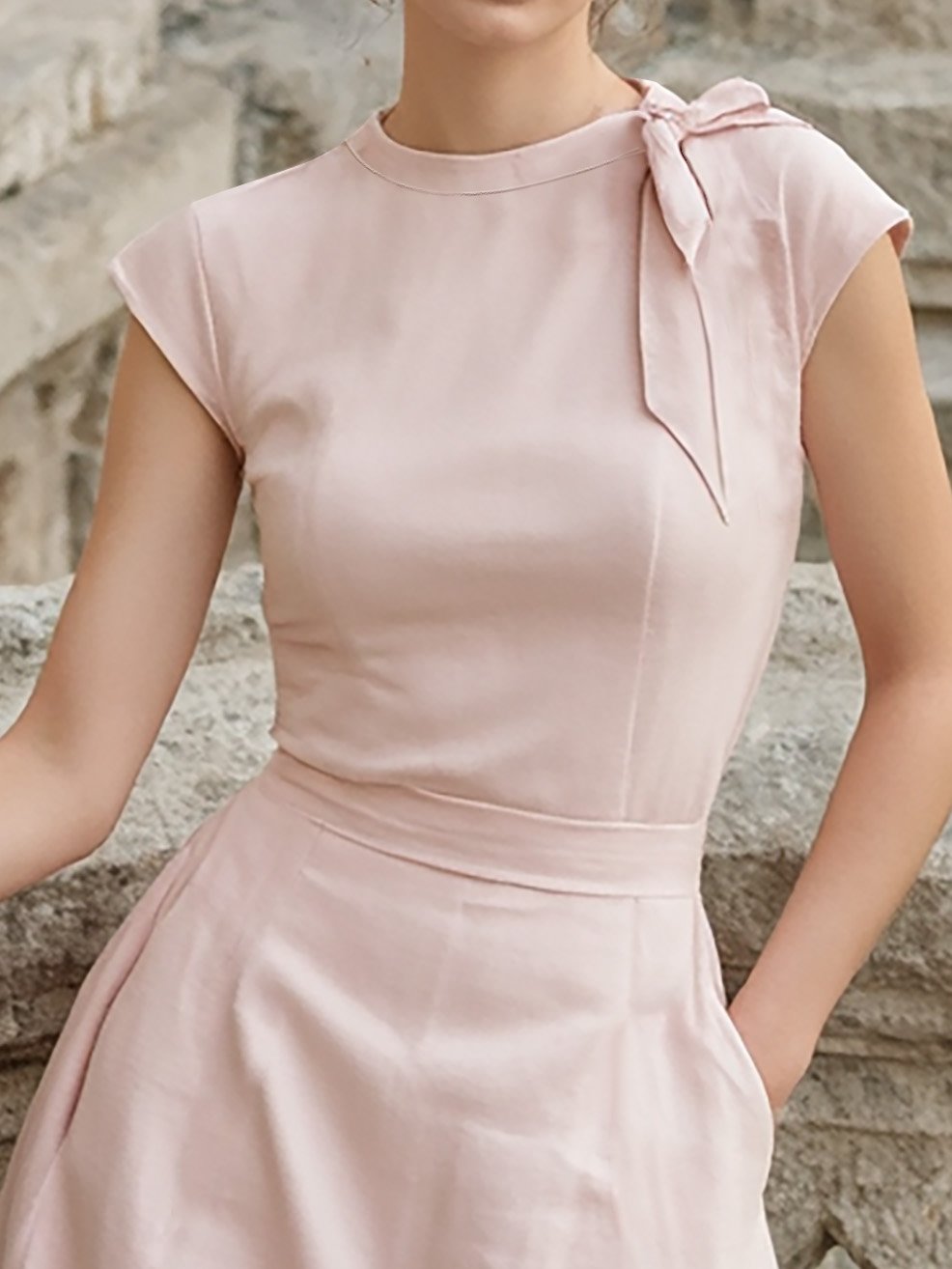 Midi Linen Dress , Cap Sleeves, Round Neck, Plain, Pocket Design, French Vintage, Light Pink