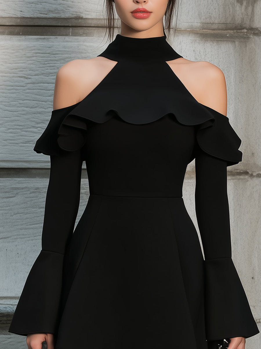 Cold-Shoulder Ruffled Mini Dress With High Neck
