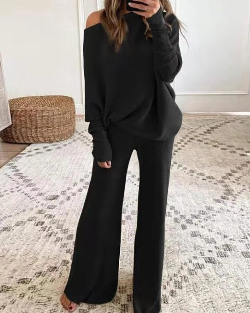 Plus Size  off-Shoulder Women's Knitted Blouse Pants Length Two-Piece Suit