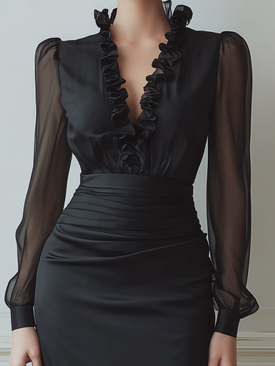 Ruffled V-Neck Sheer Sleeve Ruched Midi Dress