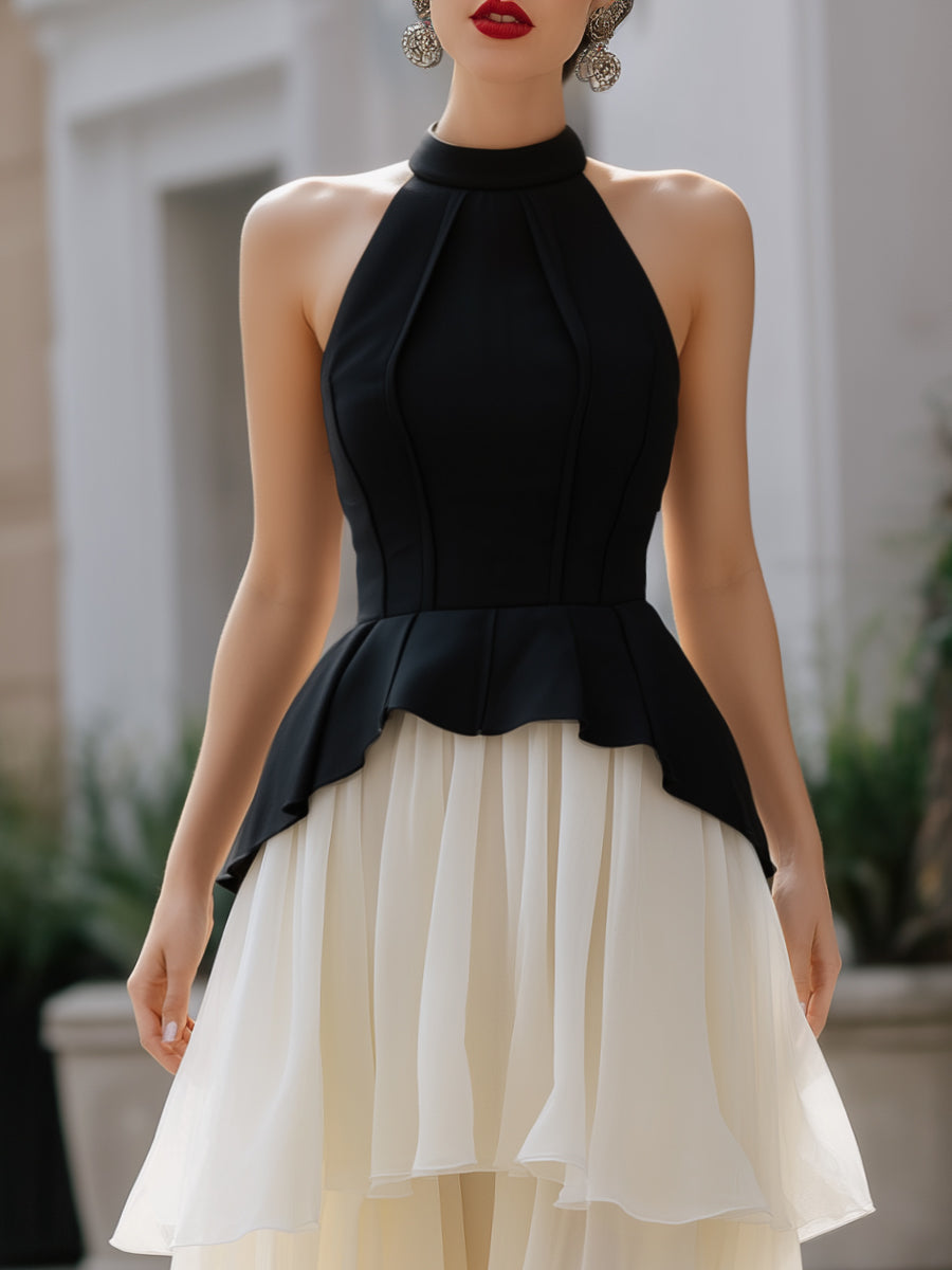 Halter Neck Peplum Layered Midi Dress